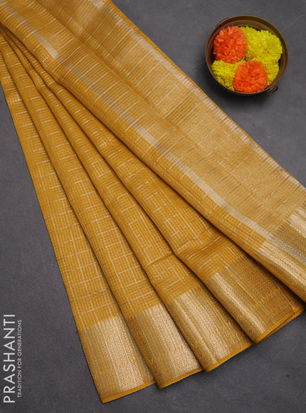 Banarasi silk cotton saree mustard yellow with allover small zari checked pattern and zari woven border