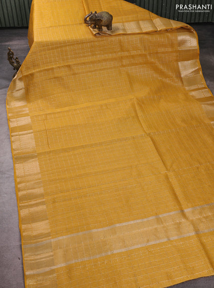 Banarasi silk cotton saree mustard yellow with allover small zari checked pattern and zari woven border