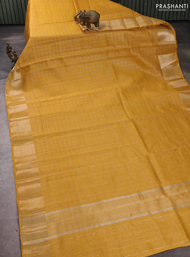 Banarasi silk cotton saree mustard yellow with allover small zari checked pattern and zari woven border