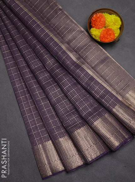 Banarasi silk cotton saree violet with allover small zari checked pattern and zari woven border