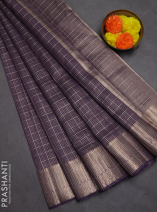 Banarasi silk cotton saree violet with allover small zari checked pattern and zari woven border