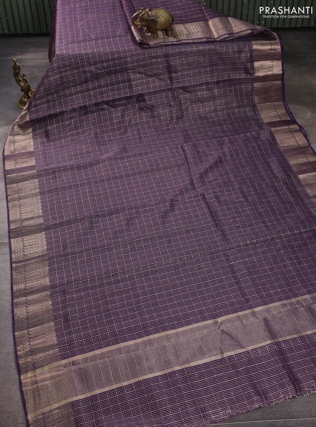 Banarasi silk cotton saree violet with allover small zari checked pattern and zari woven border