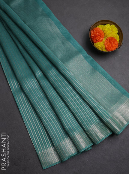 Banarasi silk cotton saree teal green with allover zari stripe pattern and zari wovenn border