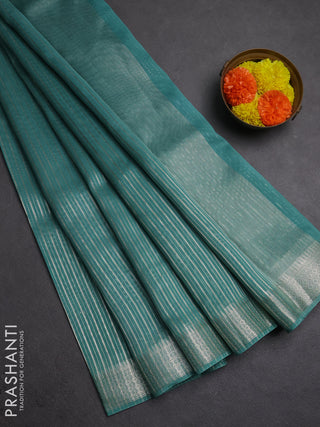 Banarasi silk cotton saree teal green with allover zari stripe pattern and zari wovenn border