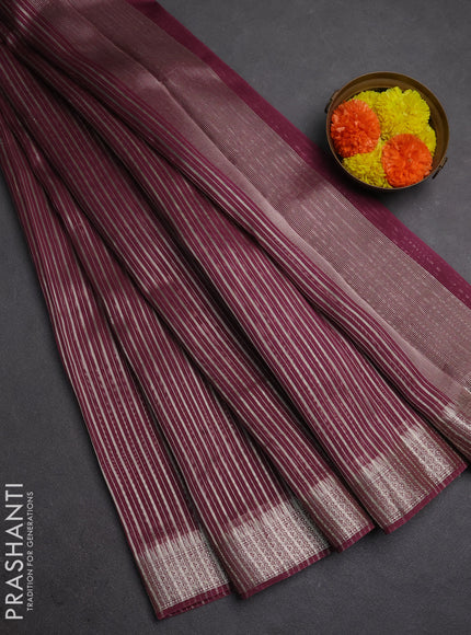 Banarasi silk cotton saree wine shade with allover zari stripe pattern and zari wovenn border