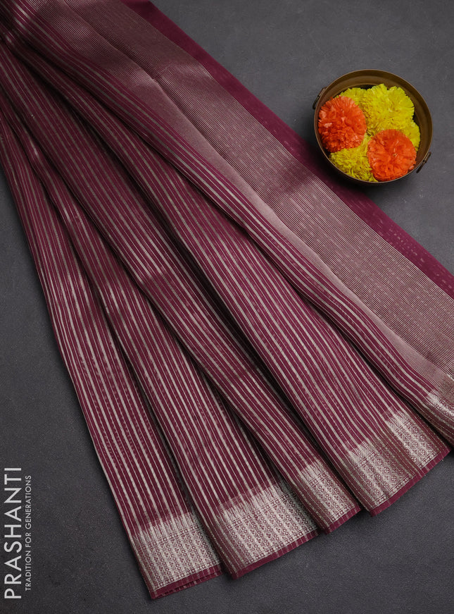 Banarasi silk cotton saree wine shade with allover zari stripe pattern and zari wovenn border