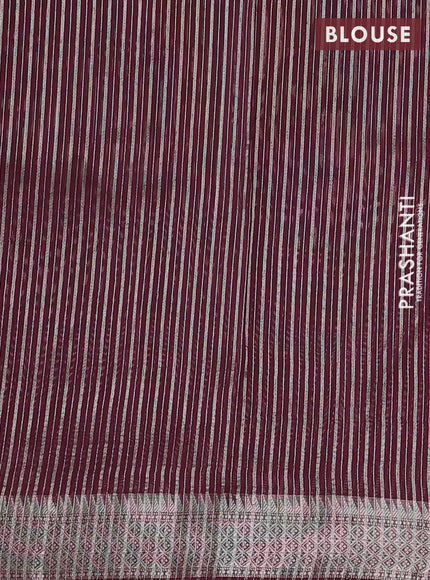 Banarasi silk cotton saree wine shade with allover zari stripe pattern and zari wovenn border