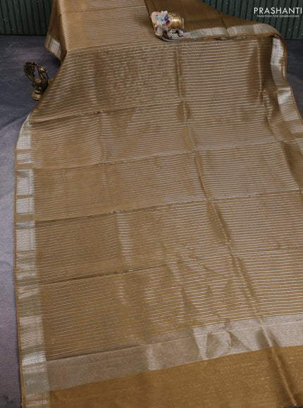 Banarasi silk cotton saree mehendi green with allover zari stripe pattern and zari wovenn border