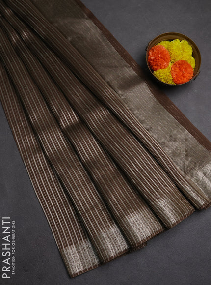 Banarasi silk cotton saree olive green with allover zari stripe pattern and zari wovenn border