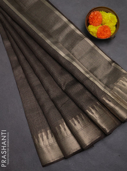 Banarasi silk cotton saree coffee brown with allover small zari checked pattern and zari wovenn border