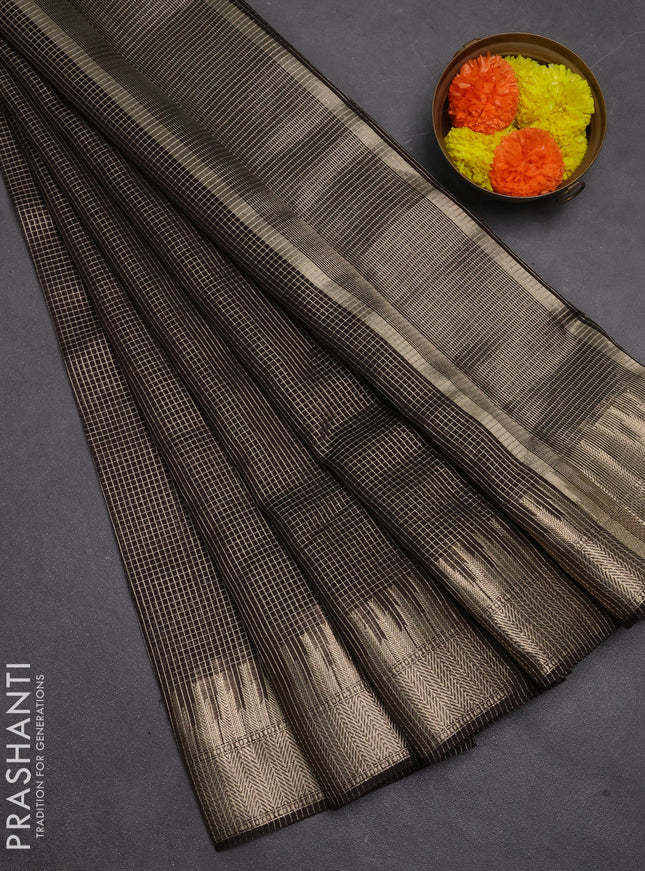 Banarasi silk cotton saree coffee brown with allover small zari checked pattern and zari wovenn border