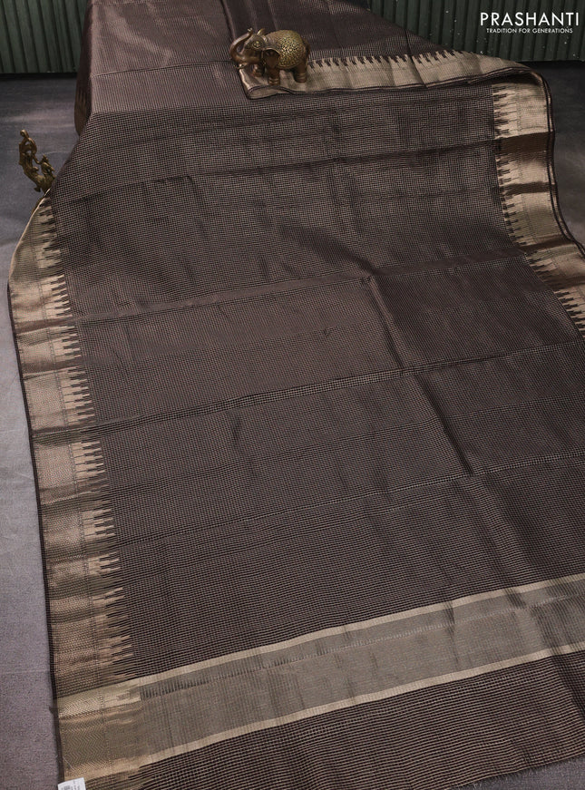 Banarasi silk cotton saree coffee brown with allover small zari checked pattern and zari wovenn border