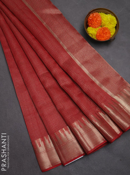 Banarasi silk cotton saree maroon with allover small zari checked pattern and zari wovenn border