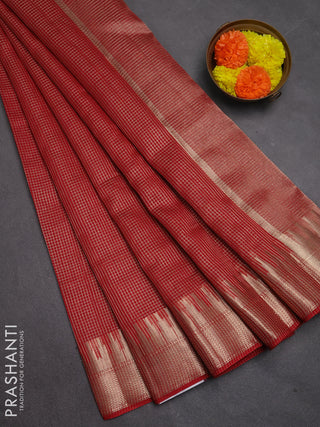 Banarasi silk cotton saree maroon with allover small zari checked pattern and zari wovenn border