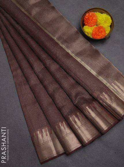Banarasi silk cotton saree coffee brown with allover small zari checked pattern and zari wovenn border