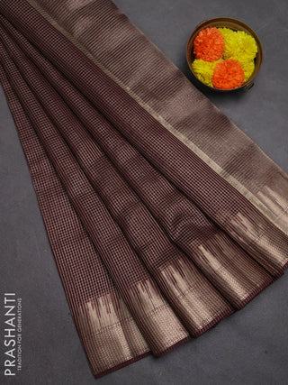 Banarasi silk cotton saree coffee brown with allover small zari checked pattern and zari wovenn border