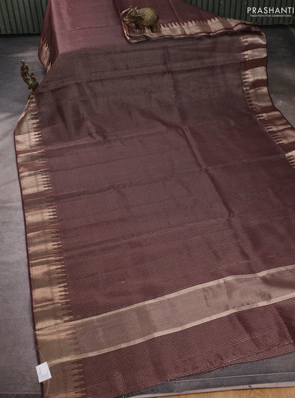 Banarasi silk cotton saree coffee brown with allover small zari checked pattern and zari wovenn border