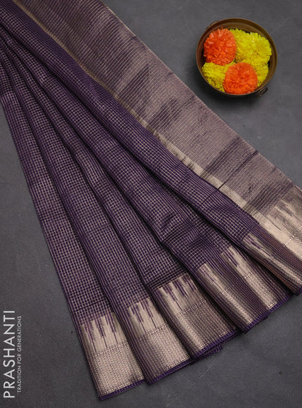 Banarasi silk cotton saree violet with allover small zari checked pattern and zari wovenn border