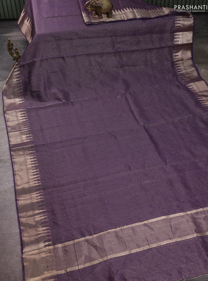 Banarasi silk cotton saree violet with allover small zari checked pattern and zari wovenn border