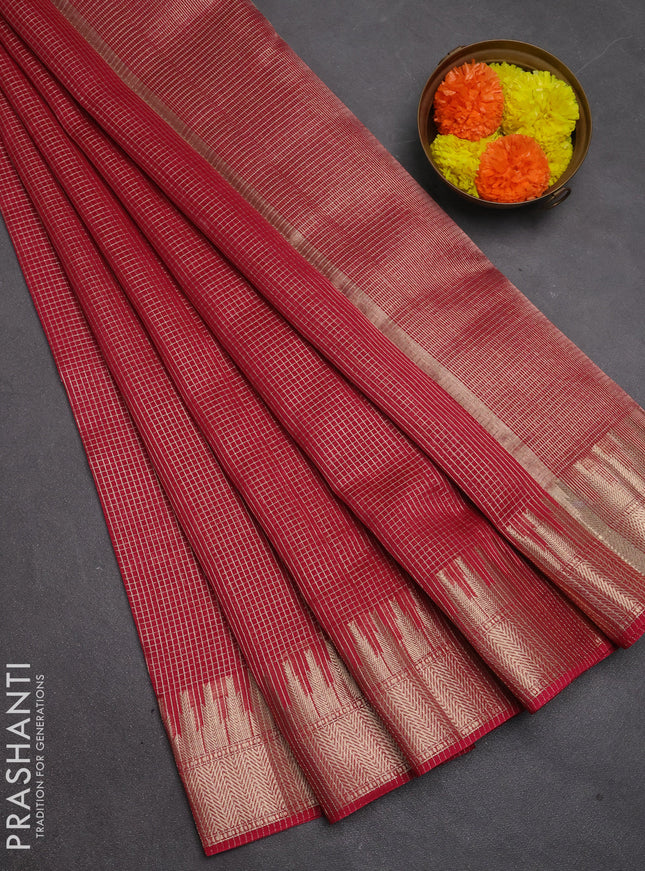 Banarasi silk cotton saree pink with allover small zari checked pattern and zari wovenn border