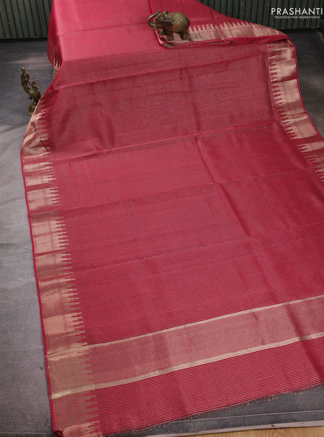 Banarasi silk cotton saree pink with allover small zari checked pattern and zari wovenn border