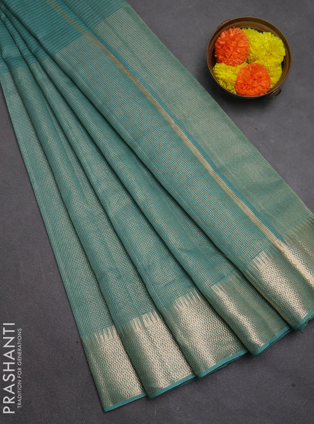Banarasi silk cotton saree teal gree shade with half & half style and zari woven border