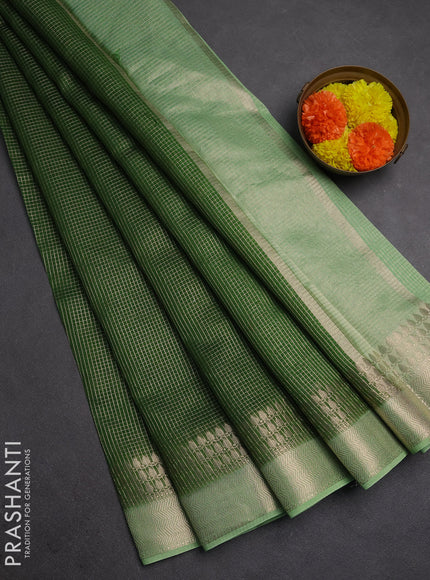 Banarasi silk cotton saree light green and pista green with allover small zari checked pattern and zari woven border