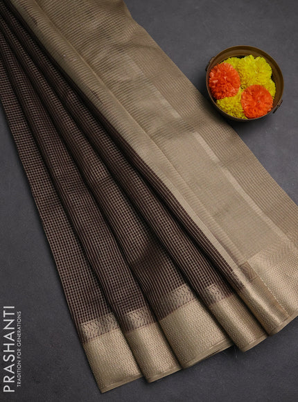 Banarasi silk cotton saree coffee brown and beige with allover small zari checked pattern and zari woven border