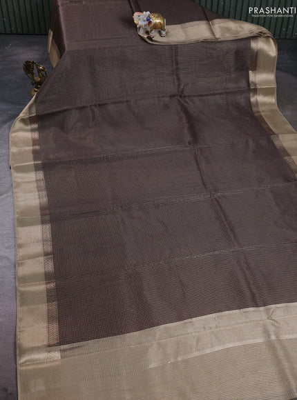 Banarasi silk cotton saree coffee brown and beige with allover small zari checked pattern and zari woven border
