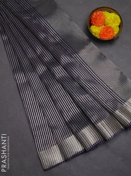 Banarasi silk cotton saree navy blue with allover zari stripe pattern and zari woven border