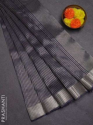 Banarasi silk cotton saree navy blue with allover zari stripe pattern and zari woven border