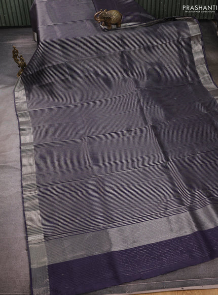 Banarasi silk cotton saree navy blue with allover zari stripe pattern and zari woven border