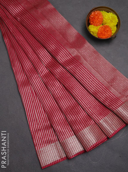 Banarasi silk cotton saree pink with allover zari stripe pattern and zari woven border