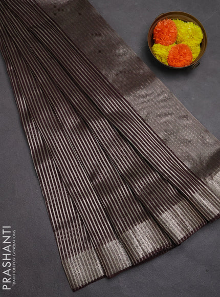 Banarasi silk cotton saree coffee brown with allover zari stripe pattern and zari woven border