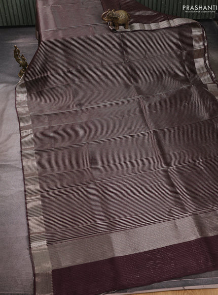 Banarasi silk cotton saree coffee brown with allover zari stripe pattern and zari woven border