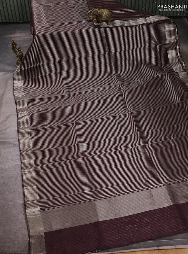 Banarasi silk cotton saree coffee brown with allover zari stripe pattern and zari woven border