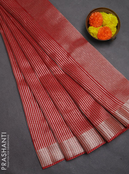 Banarasi silk cotton saree maroon with allover zari stripe pattern and zari woven border