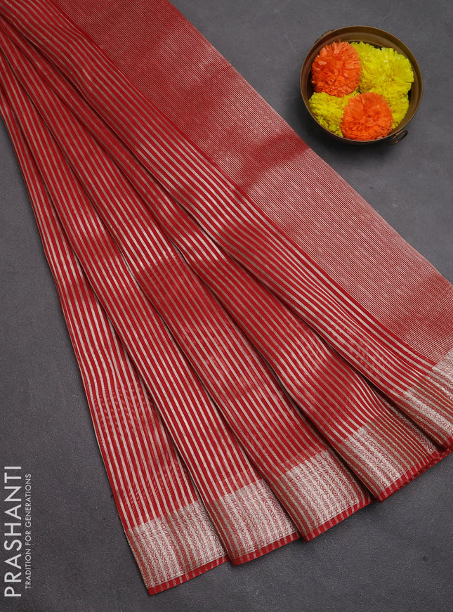 Banarasi silk cotton saree maroon with allover zari stripe pattern and zari woven border