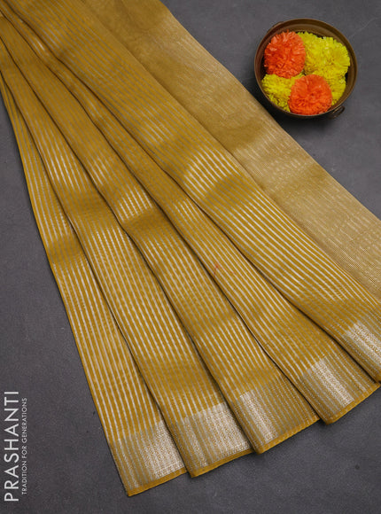 Banarasi silk cotton saree mustard yellow with allover zari stripe pattern and zari woven border