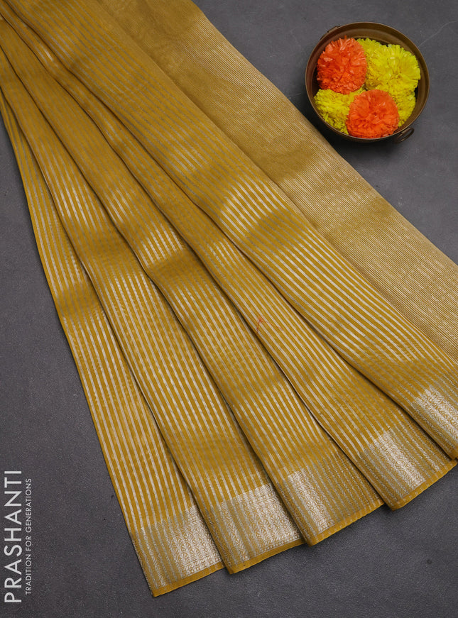 Banarasi silk cotton saree mustard yellow with allover zari stripe pattern and zari woven border