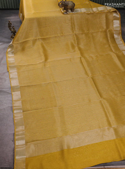 Banarasi silk cotton saree mustard yellow with allover zari stripe pattern and zari woven border