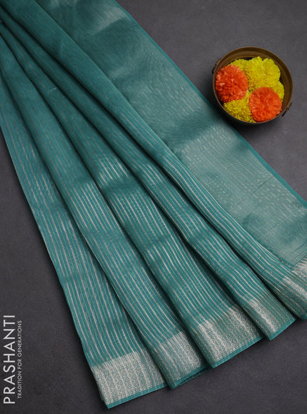 Banarasi silk cotton saree teal green with allover zari stripe pattern and zari woven border