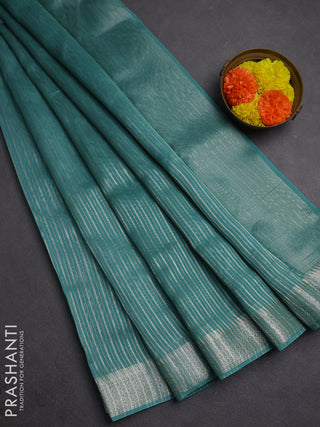 Banarasi silk cotton saree teal green with allover zari stripe pattern and zari woven border