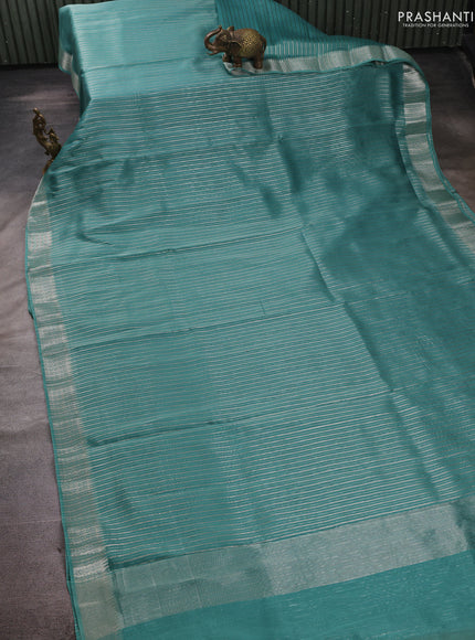 Banarasi silk cotton saree teal green with allover zari stripe pattern and zari woven border
