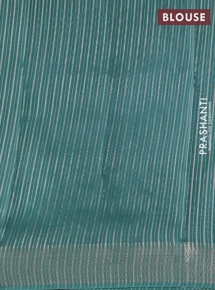 Banarasi silk cotton saree teal green with allover zari stripe pattern and zari woven border