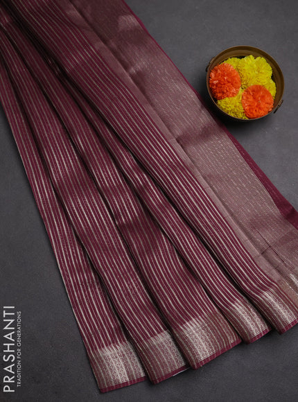 Banarasi silk cotton saree wine shade with allover zari stripe pattern and zari woven border