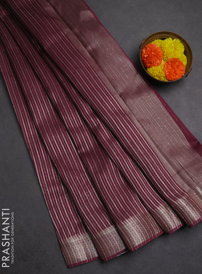 Banarasi silk cotton saree wine shade with allover zari stripe pattern and zari woven border