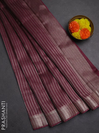 Banarasi silk cotton saree wine shade with allover zari stripe pattern and zari woven border