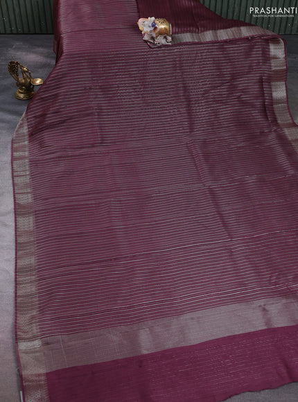 Banarasi silk cotton saree wine shade with allover zari stripe pattern and zari woven border