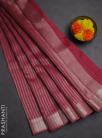 Banarasi silk cotton saree pink with allover zari stripe pattern and zari woven border